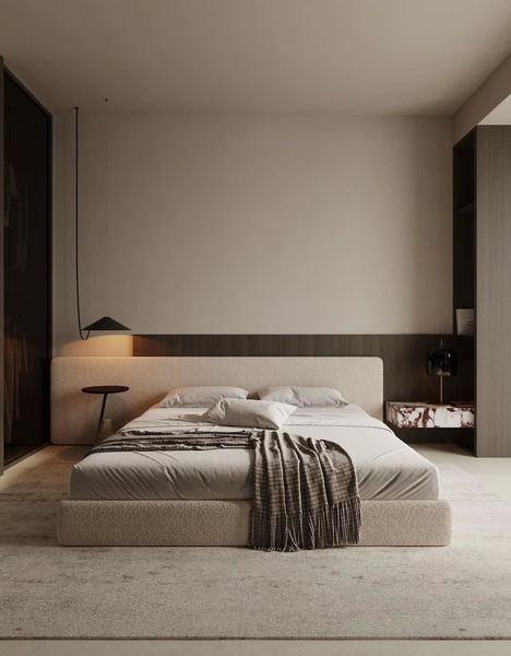 upholstered bed, platform bed, king bed frame, modern bed, bedroom furniture, brand awareness, minimalist, editorial, calm, luxurious, neutral
